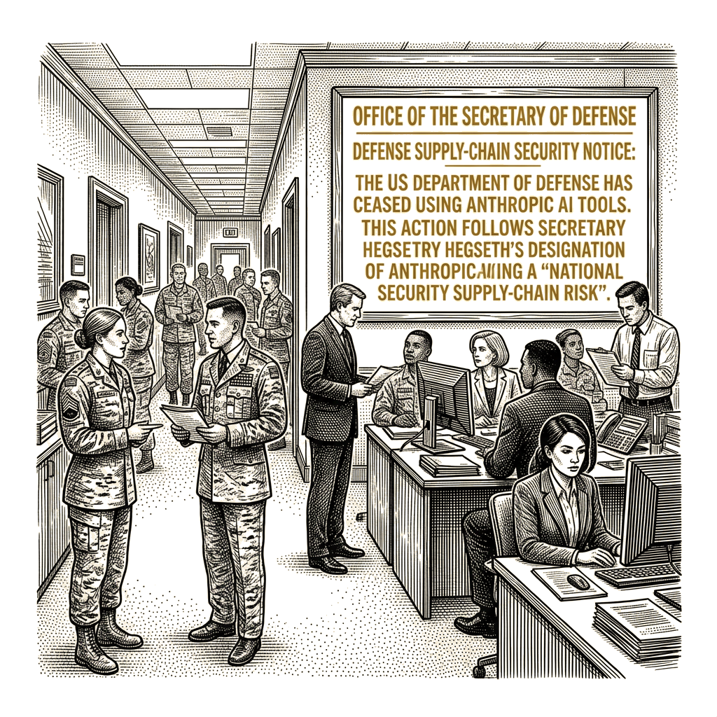 Illustration accompanying article: Pentagon stops using Anthropic AI tools after supply-chain designation