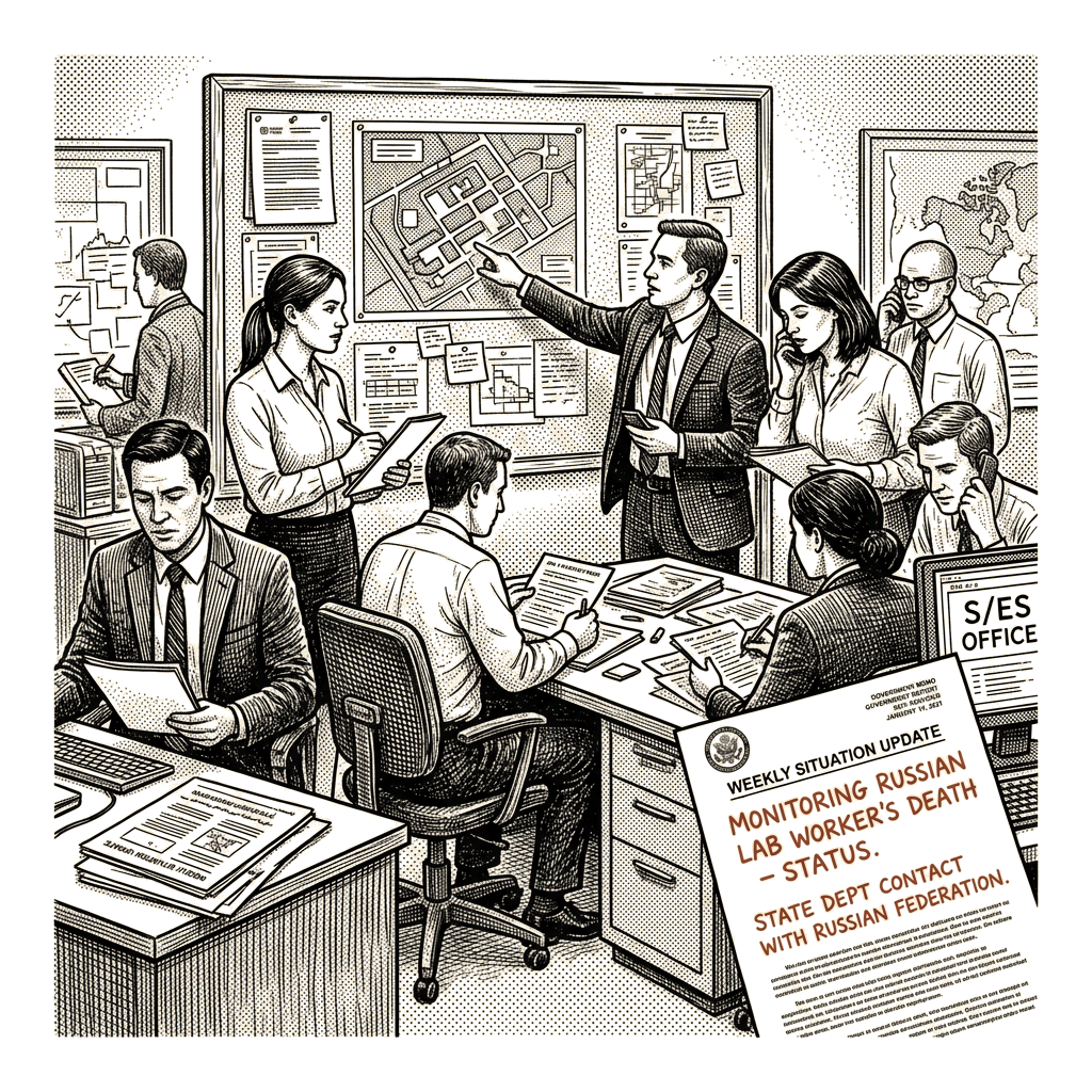 Illustration accompanying article: Rubio says State Department monitoring Russian lab worker's death