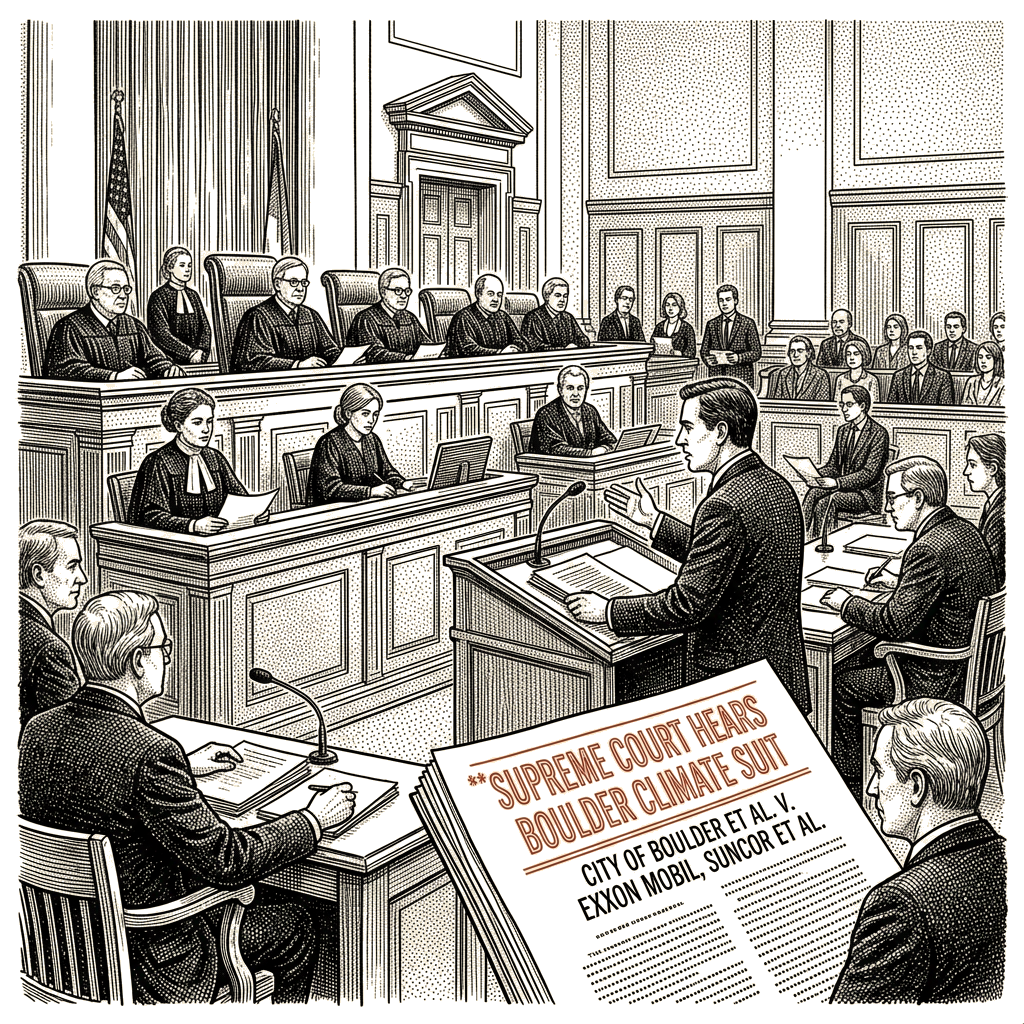 Illustration accompanying article: Supreme Court hears Boulder climate suit against Exxon, Suncor