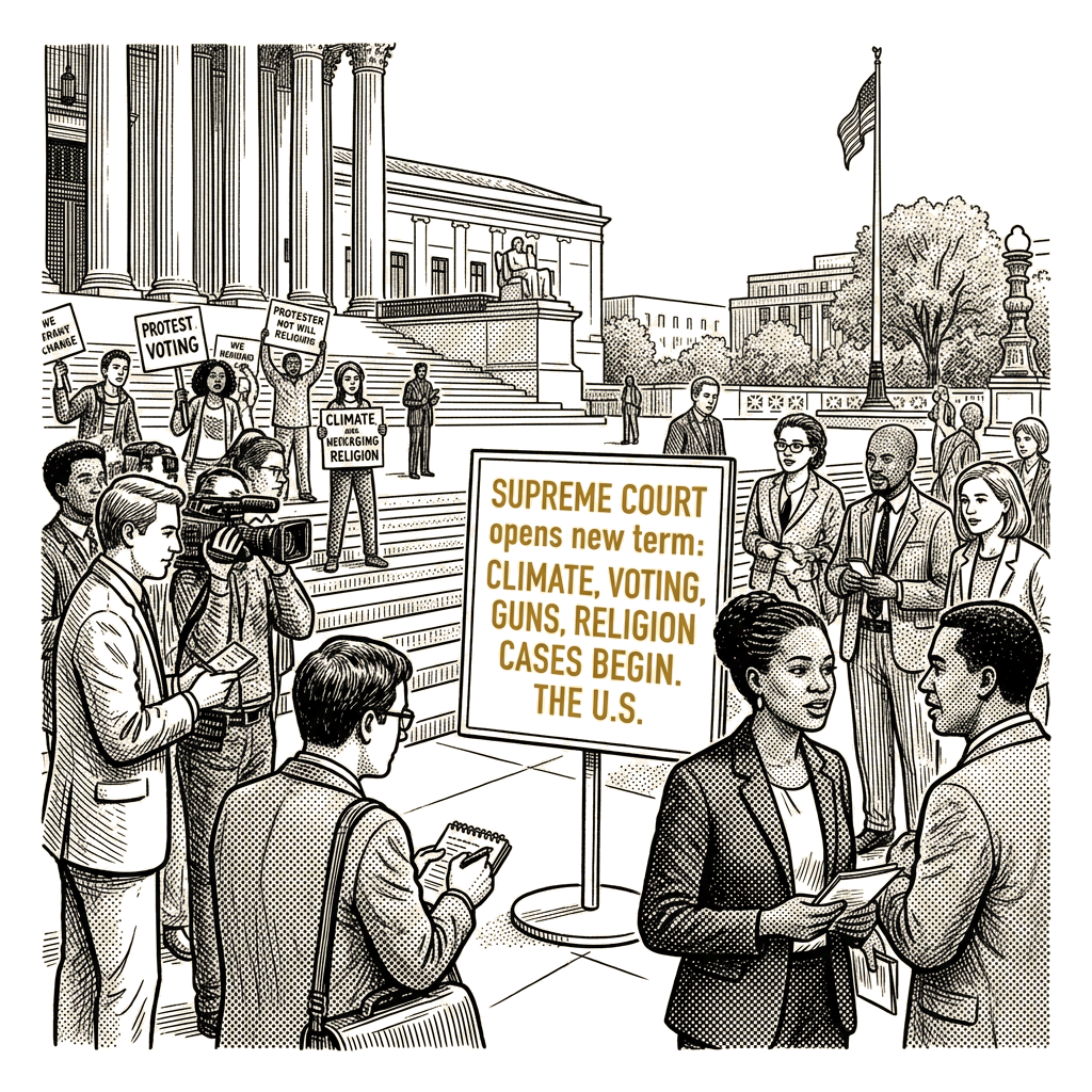 Illustration accompanying article: Supreme Court opens new term with cases on climate, voting, guns, religion