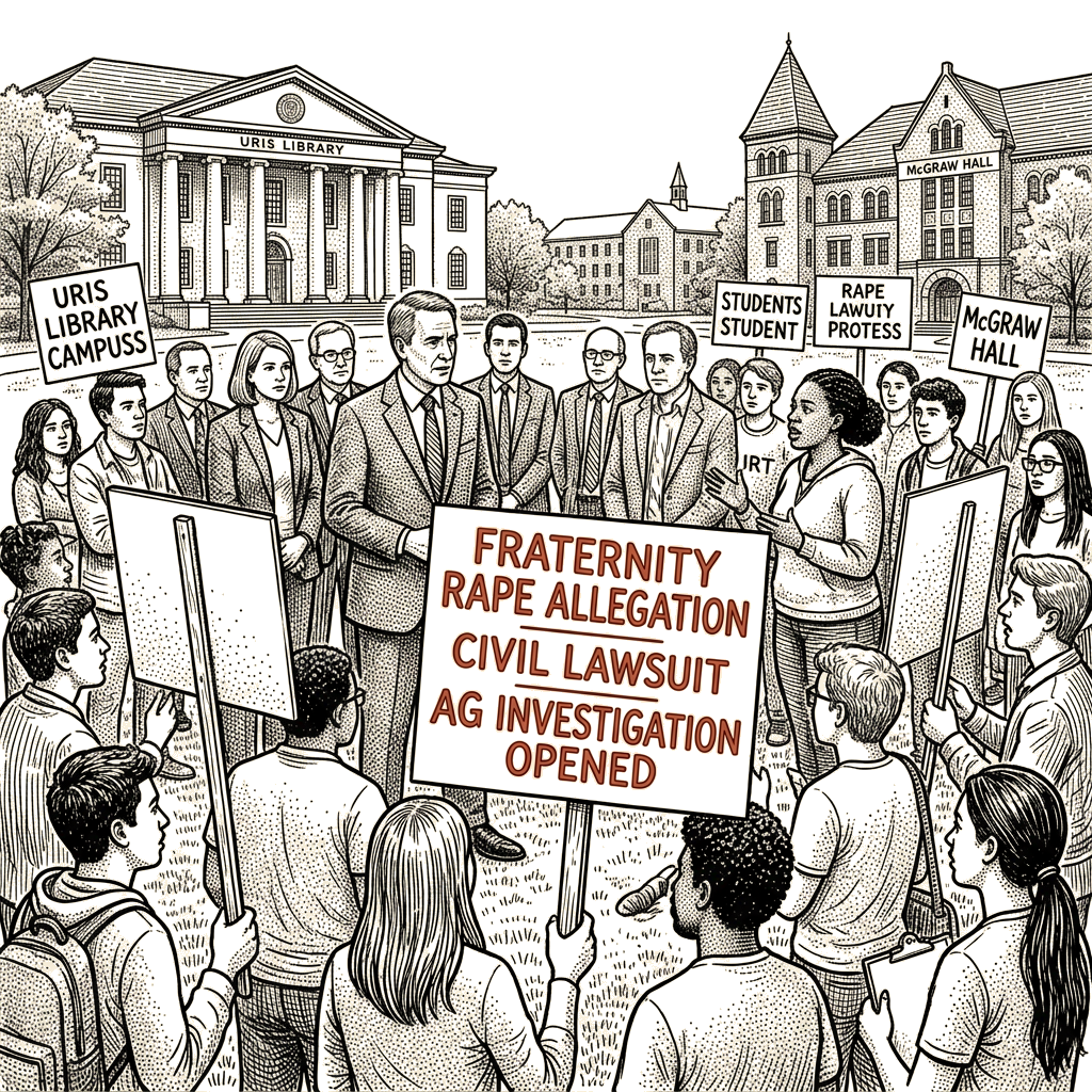Illustration accompanying article: Cornell president faces protests, lawsuit over 2024 fraternity rape allegation