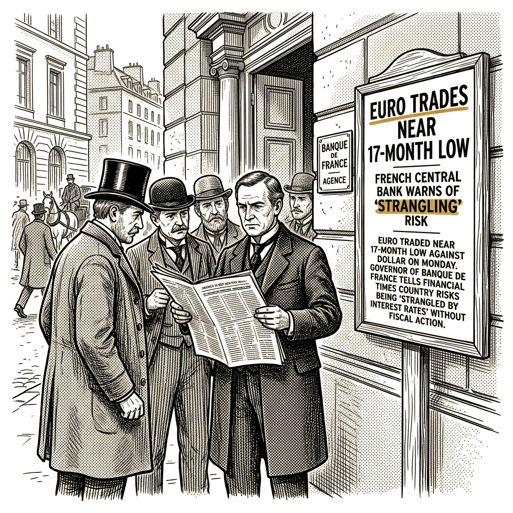 Illustration accompanying article: Euro trades near 17-month low as French central bank warns of 'strangling' risk