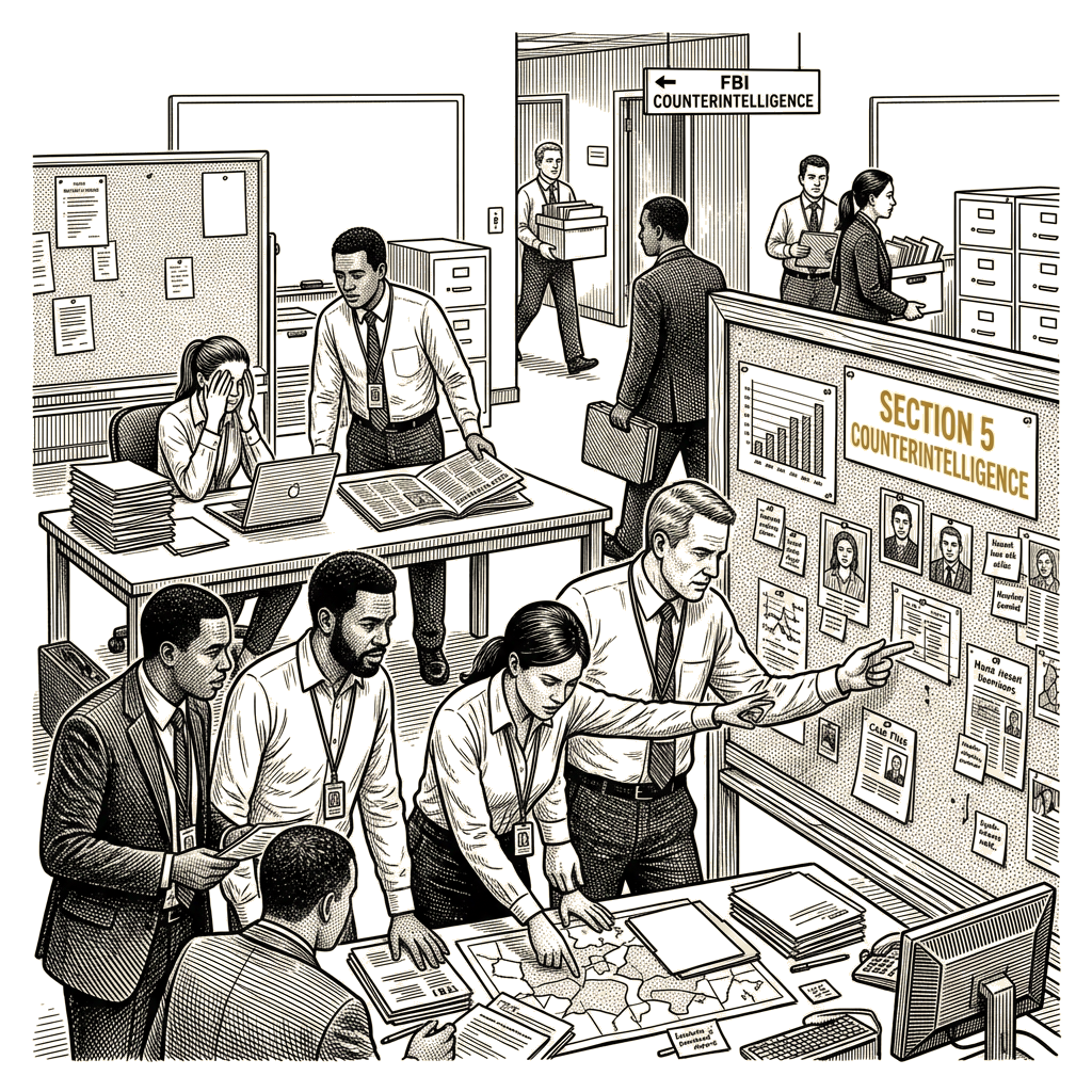 Illustration accompanying article: FBI counterintelligence squads face deep cuts as espionage threats grow