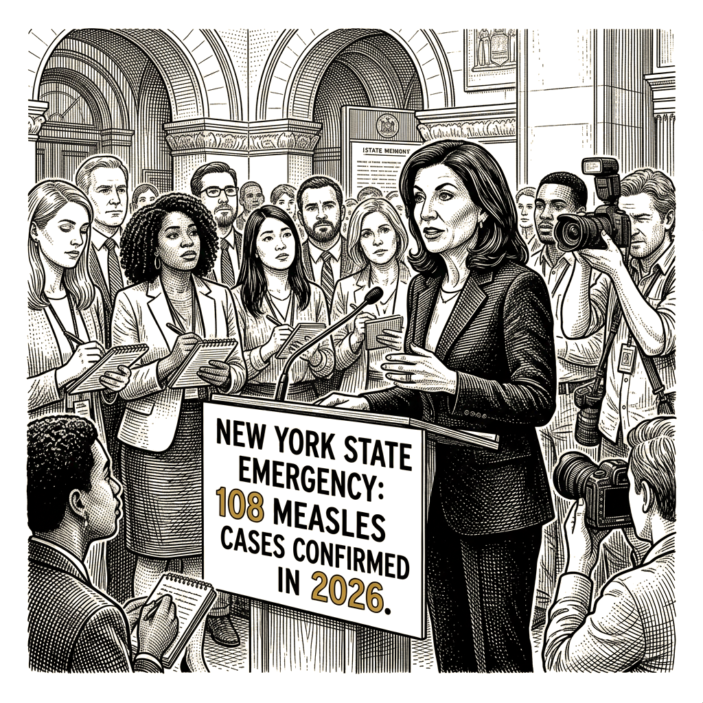Illustration accompanying article: Hochul declares state emergency as New York measles cases reach 108