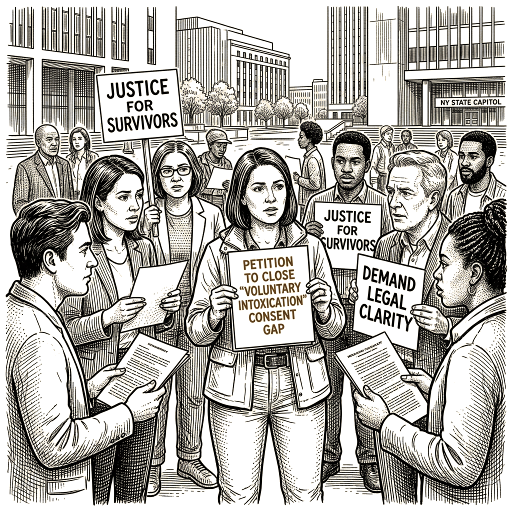 Illustration accompanying article: New York lawmakers push to close 'voluntary intoxication' consent gap
