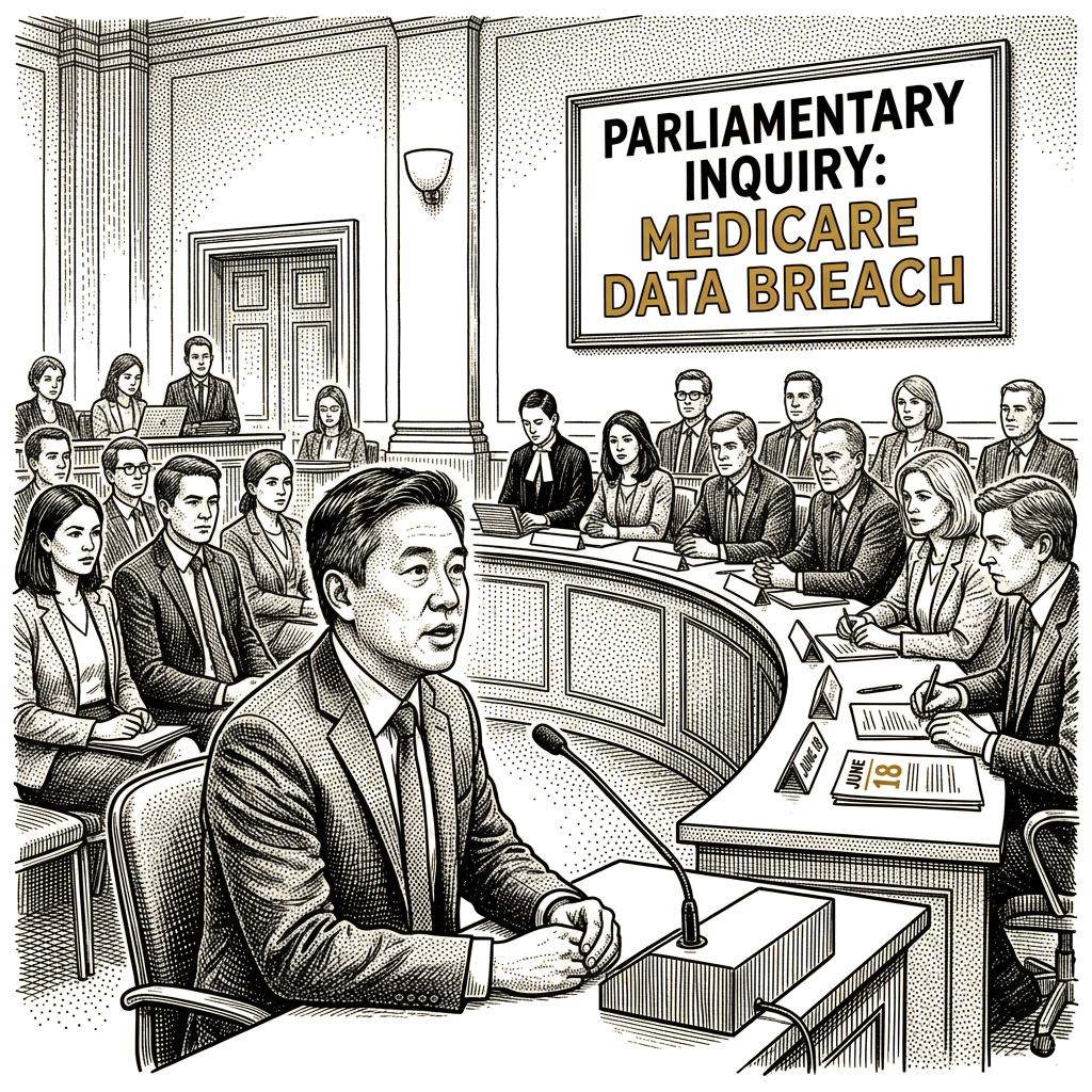 Illustration accompanying article: OpenAI's Kwon testifies at Australian inquiry on Medicare breach