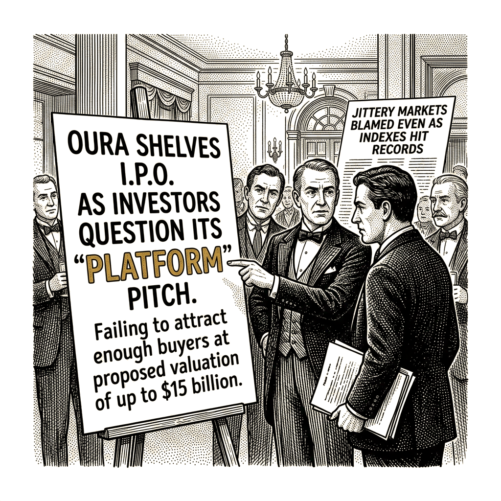 Illustration accompanying article: Oura shelves IPO as investors question its 'platform' pitch
