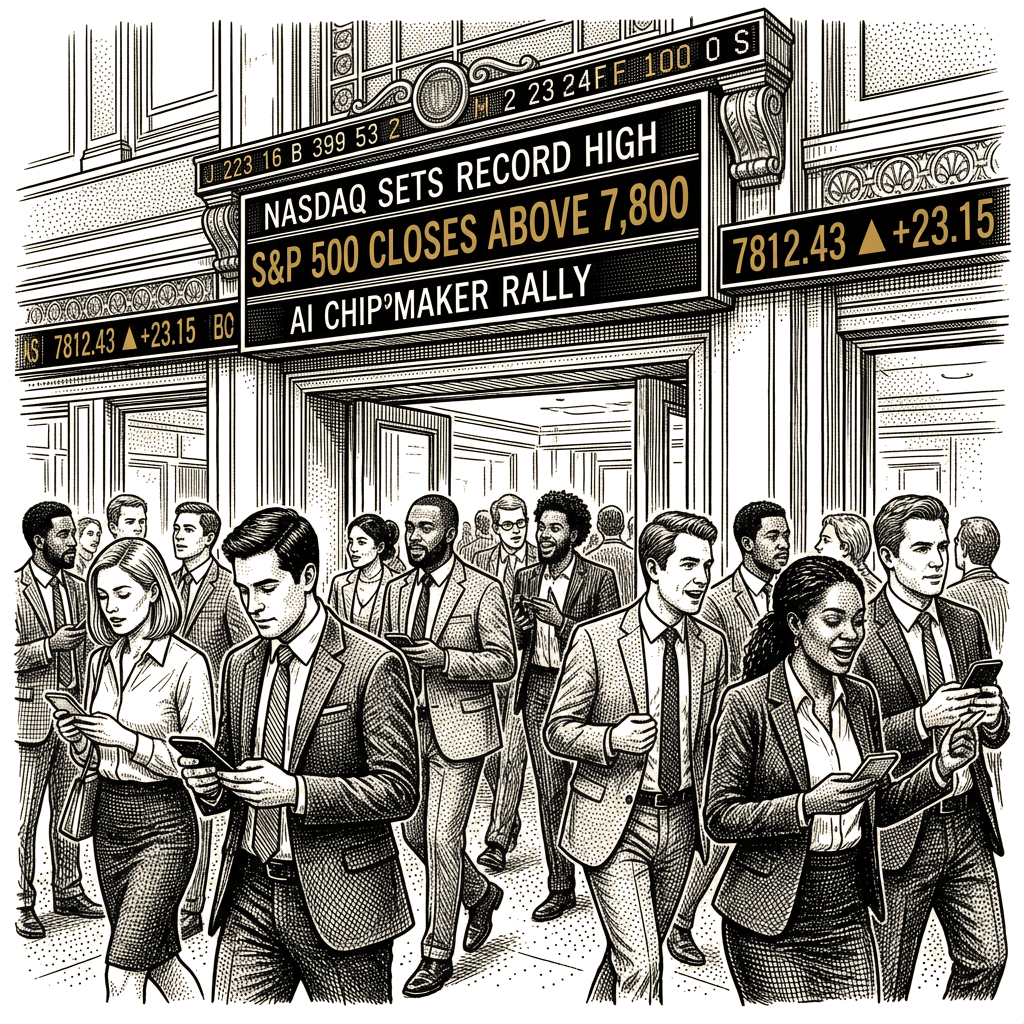 Illustration accompanying article: S&P 500 closes above 7,800 for first time on AI chipmaker rally