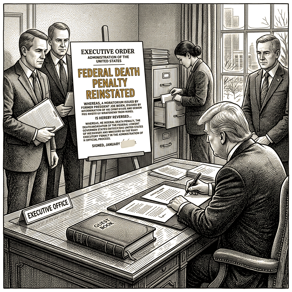 Illustration accompanying article: Trump's January 2025 order reinstates federal death penalty, reversing Biden moratorium