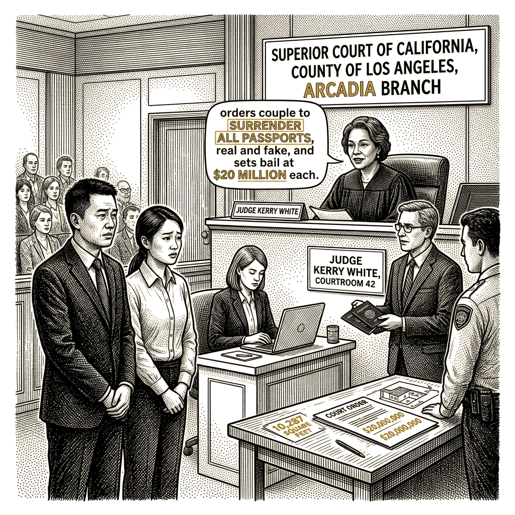 Illustration accompanying article: Arcadia judge orders couple to surrender all passports, sets $20M bail