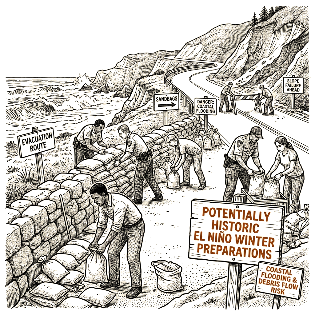 Illustration accompanying article: California readies for potentially historic El Niño winter