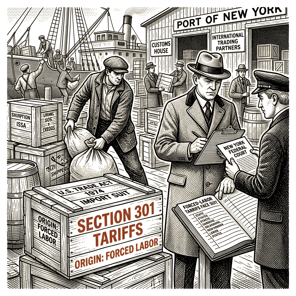 Illustration accompanying article: Forced-labor tariffs face suit as trading partners tighten their laws