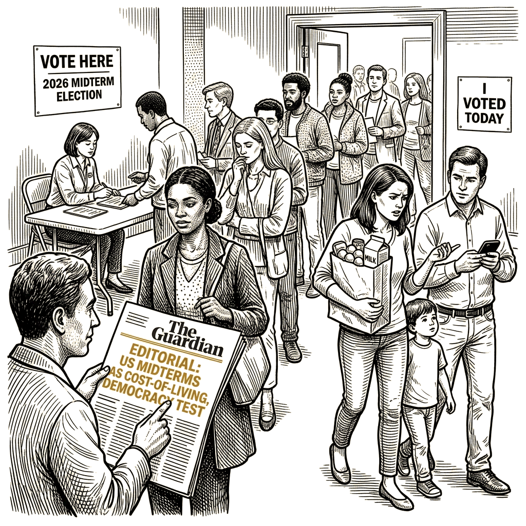 Illustration accompanying article: Guardian editorial frames US midterms as cost-of-living, democracy test