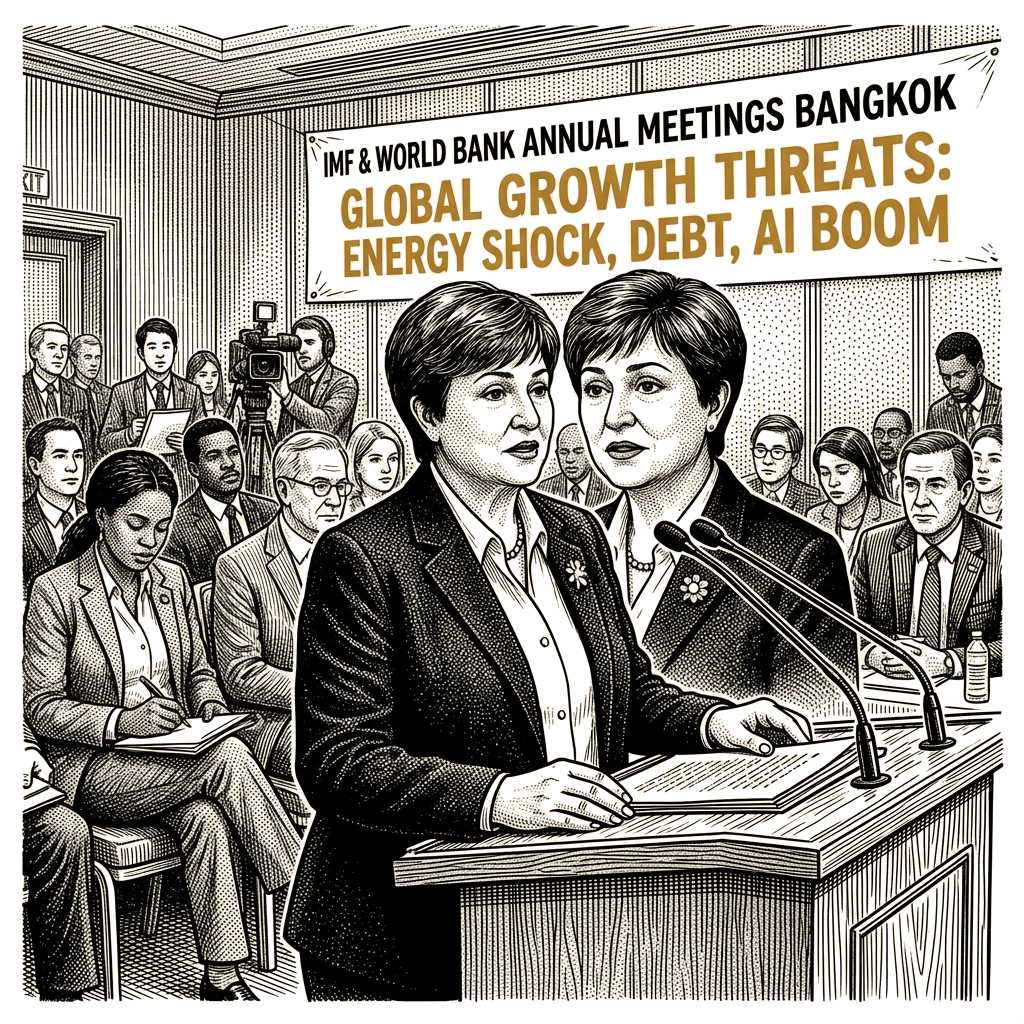 Illustration accompanying article: IMF chief names energy shock, debt, AI boom as growth threats