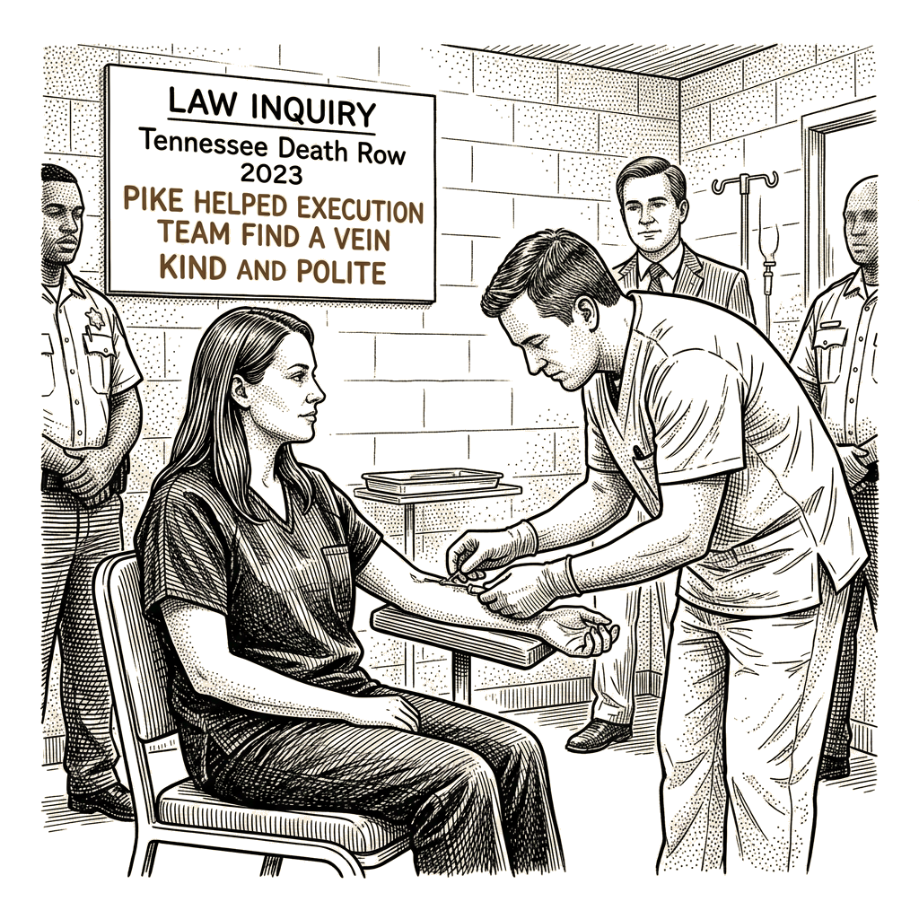 Illustration accompanying article: Lawyer says Pike helped execution team find a vein, was 'kind and polite'