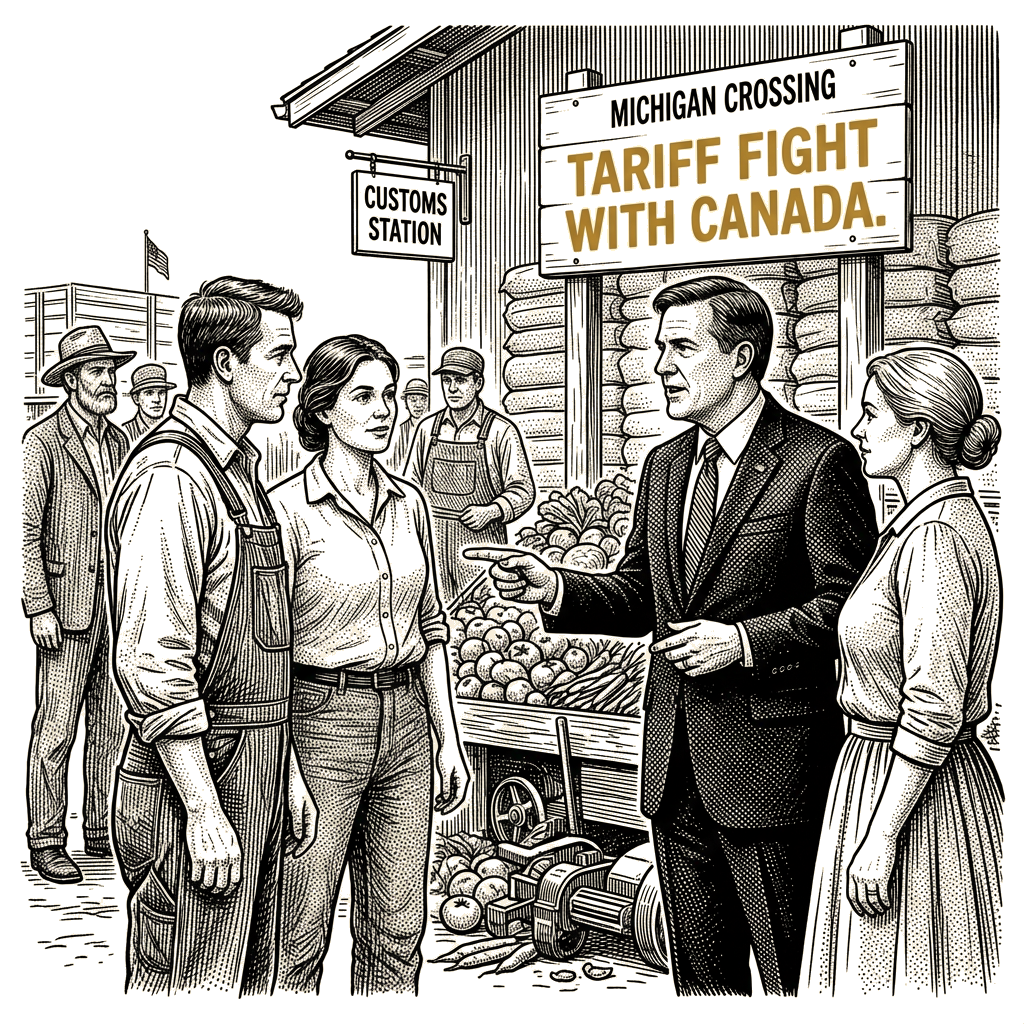 Illustration accompanying article: Michigan Senate nominee Rogers breaks with Trump over Canada tariffs
