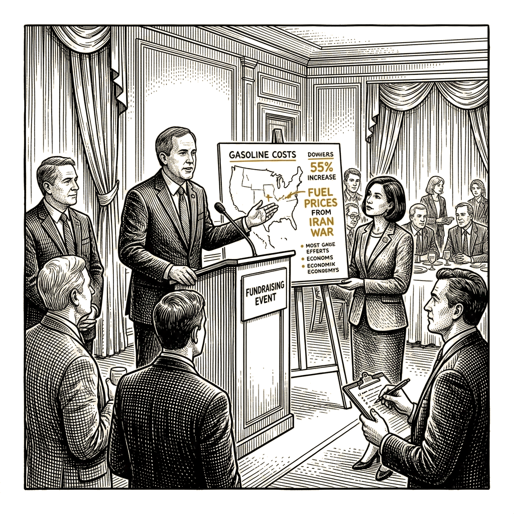 Illustration accompanying article: Paxton tells donors Iran war and fuel prices are Republicans' biggest problem
