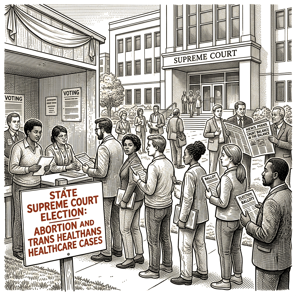 Illustration accompanying article: State supreme court elections to decide abortion, trans healthcare cases