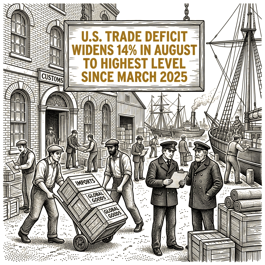 Illustration accompanying article: U.S. trade deficit widens 14% in August to highest level since March 2025