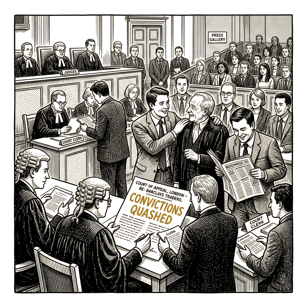 Illustration accompanying article: UK court quashes convictions of five former Barclays LIBOR traders