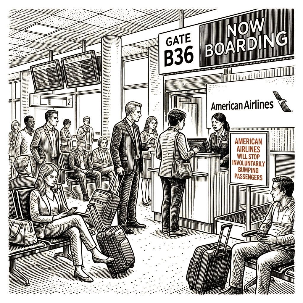 Illustration accompanying article: American Airlines says it will stop involuntarily bumping passengers
