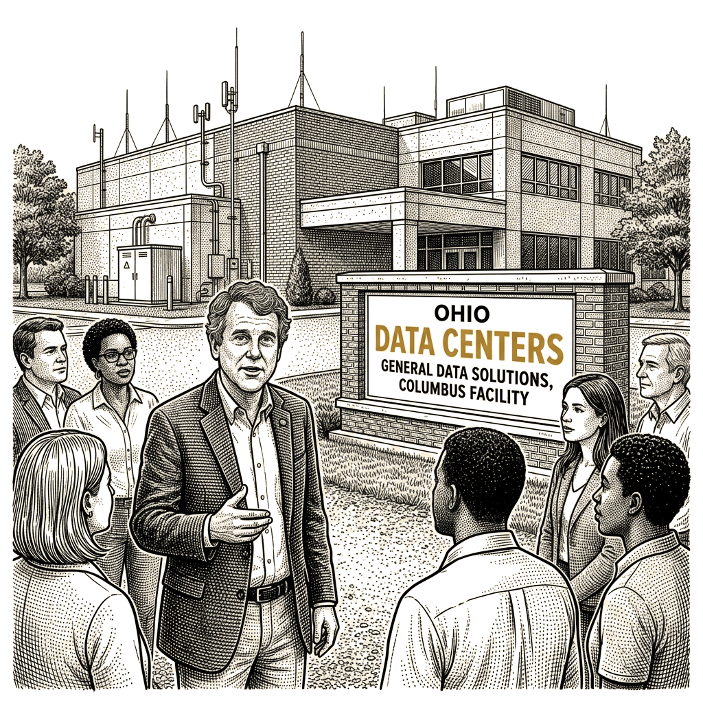 Illustration accompanying article: Brown makes data centers central to Ohio Senate rematch