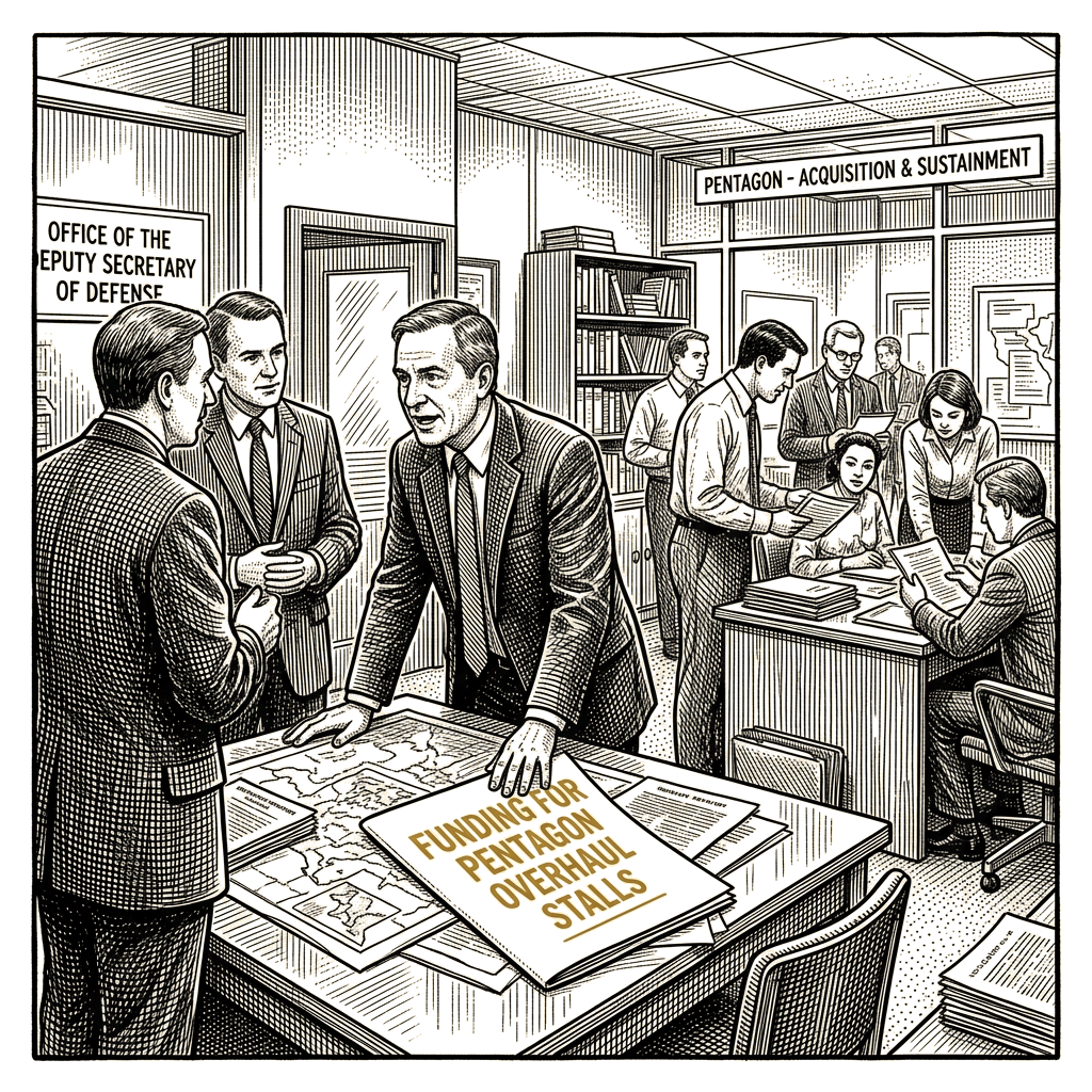 Illustration accompanying article: Feinberg leans on Wall Street contacts for Pentagon overhaul as funding stalls