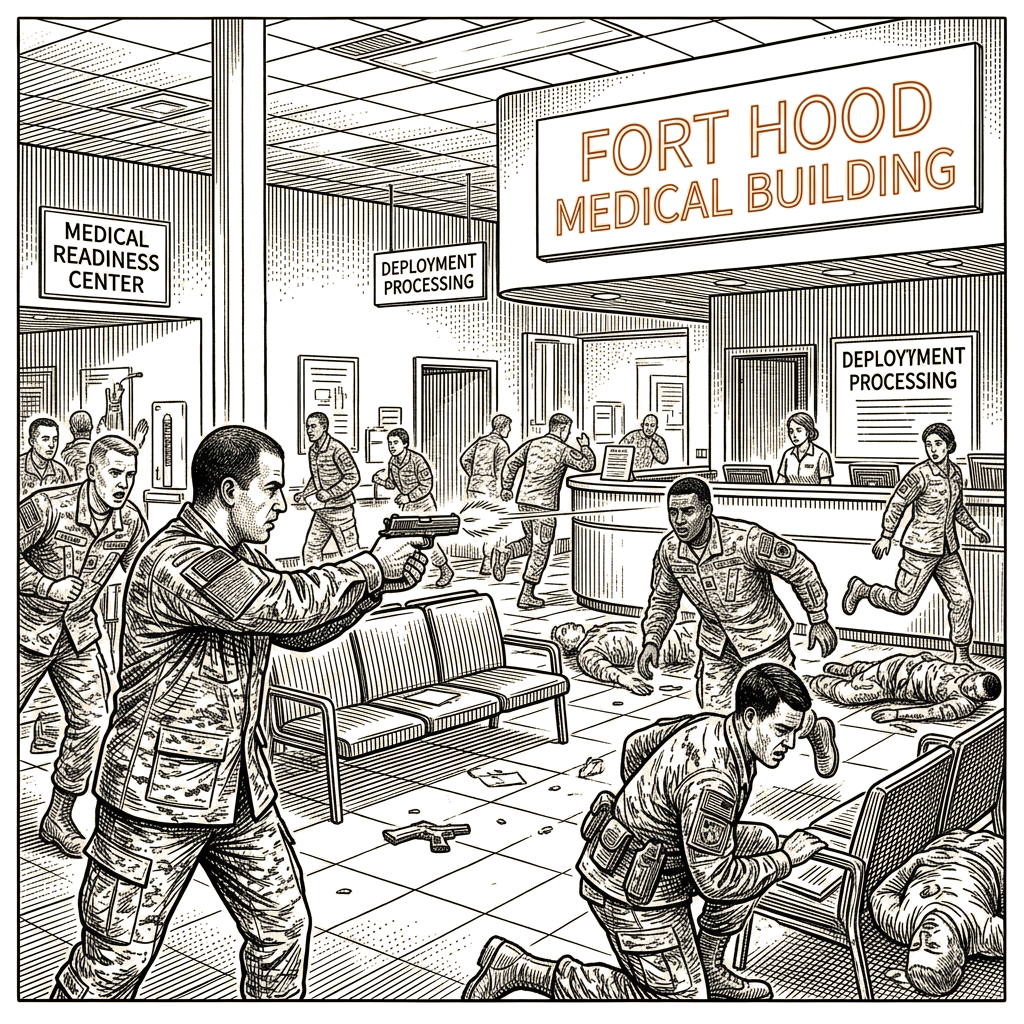 Illustration accompanying article: Hasan fired on deploying soldiers in Fort Hood medical building