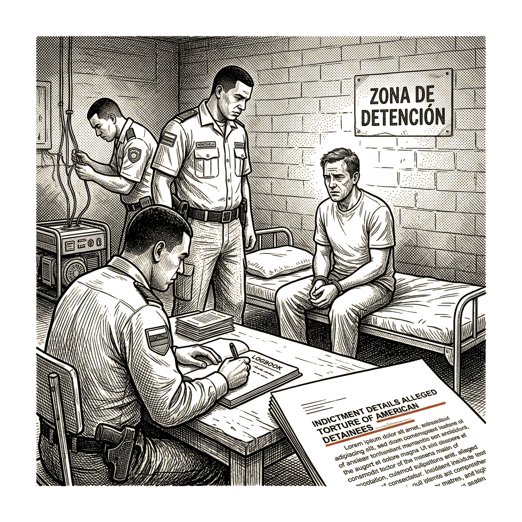 Illustration accompanying article: Indictment details alleged torture of American detainees