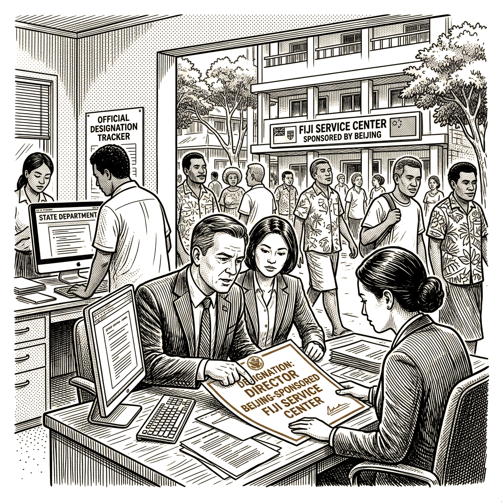 Illustration accompanying article: State Department designates director of Beijing-sponsored Fiji service center