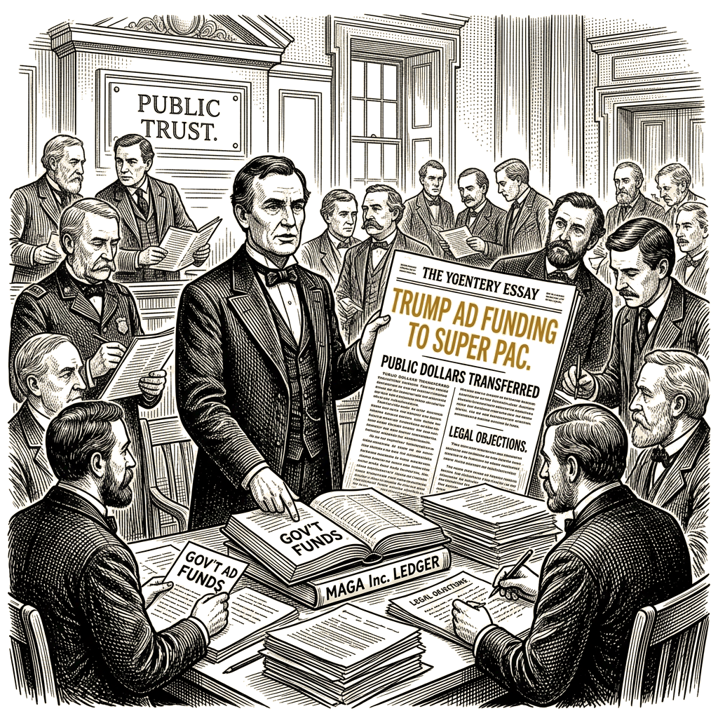 Illustration accompanying article: Trump shifts self-promotional ad funding to super PAC