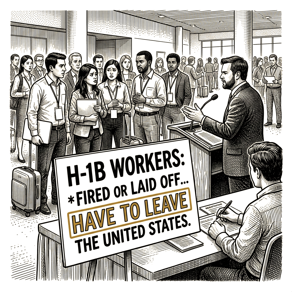 Illustration accompanying article: Vance explains ''indentured servants'' line: H-1B workers ''have to leave''