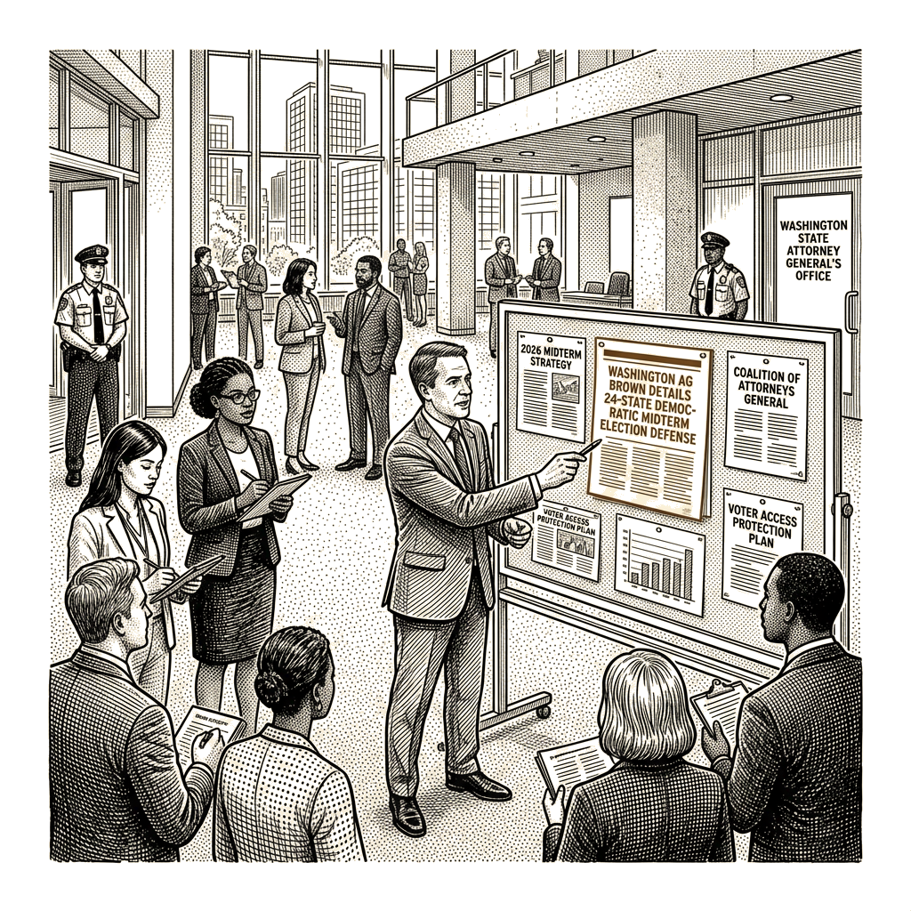 Illustration accompanying article: Washington AG Brown details 24-state Democratic midterm election defense