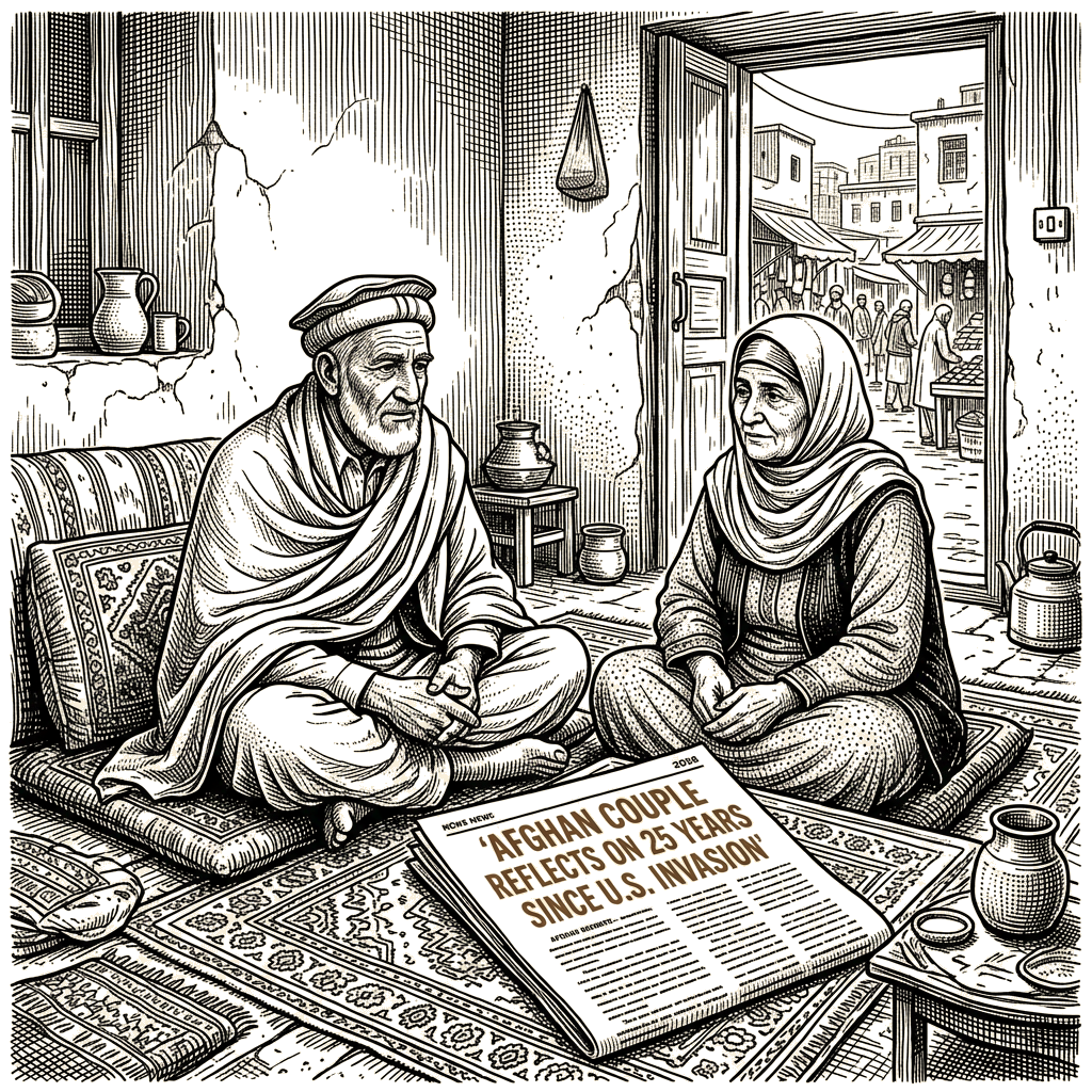 Illustration accompanying article: Afghan couple reflects on 25 years since U.S. invasion