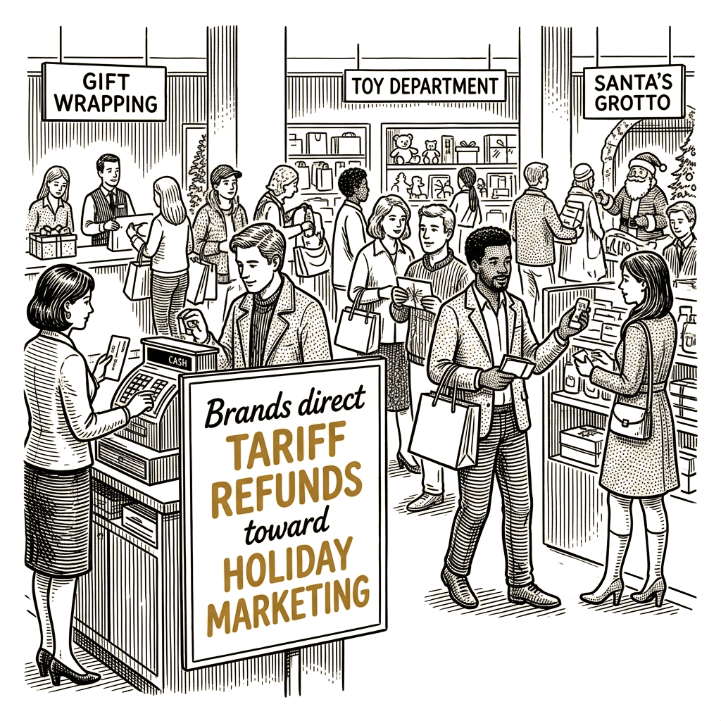 Illustration accompanying article: Brands direct tariff refunds toward holiday marketing