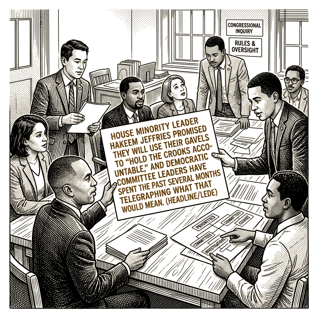 Illustration accompanying article: Democrats outline investigation priorities if they win Congress