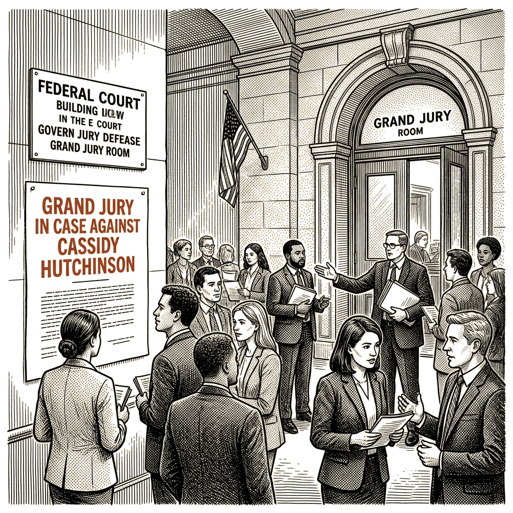 Illustration accompanying article: DOJ convenes grand jury in case against Cassidy Hutchinson