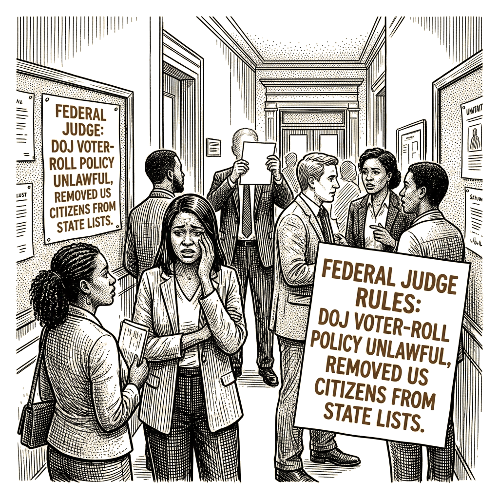 Illustration accompanying article: Federal judge: DOJ voter-roll policy removed US citizens from state lists