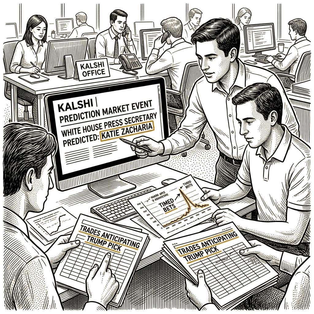 Illustration accompanying article: Kalshi probes well-timed bets that predicted Trump's press secretary pick