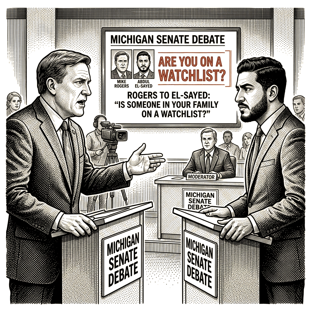 Illustration accompanying article: Michigan Senate debate features anti-Muslim attacks on El-Sayed