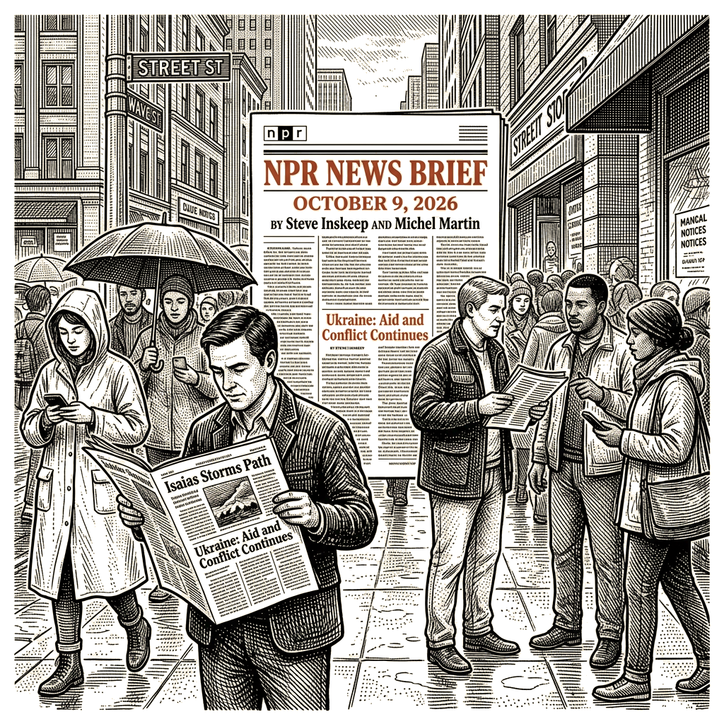 Illustration accompanying article: NPR October 9 brief covers Isaias, Ukraine, Iran war