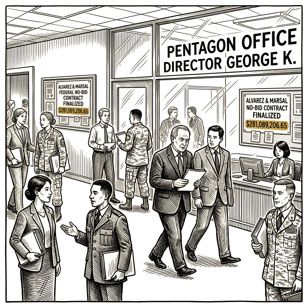 Illustration accompanying article: Pentagon signed $281M no-bid contract to firm where Kollitides still advised