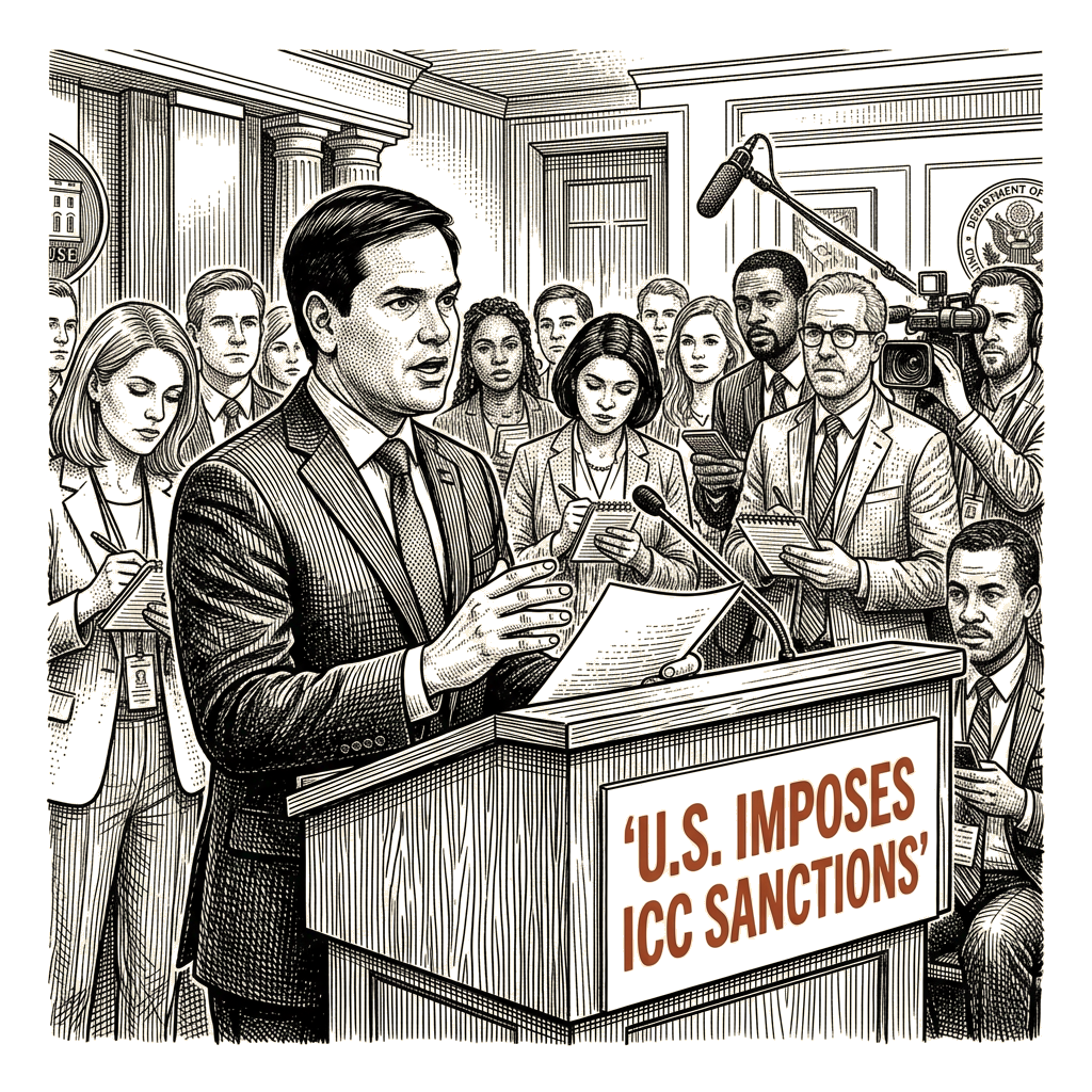 Illustration accompanying article: Rubio announces US sanctions on International Criminal Court