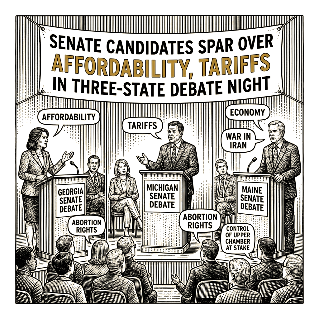 Illustration accompanying article: Senate candidates spar over affordability, tariffs in three-state debate night