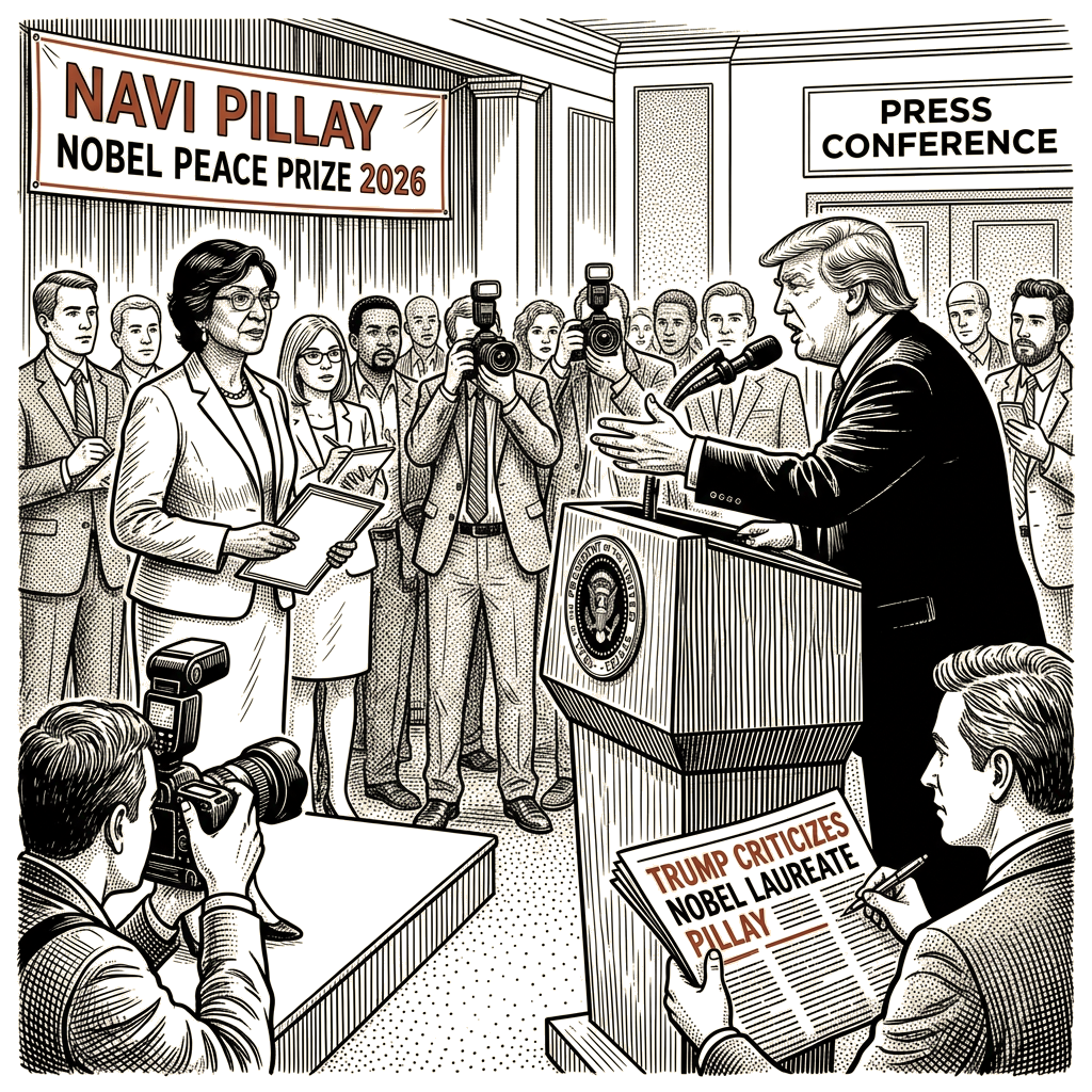 Illustration accompanying article: Trump criticizes Nobel laureate Pillay hours after her Peace Prize