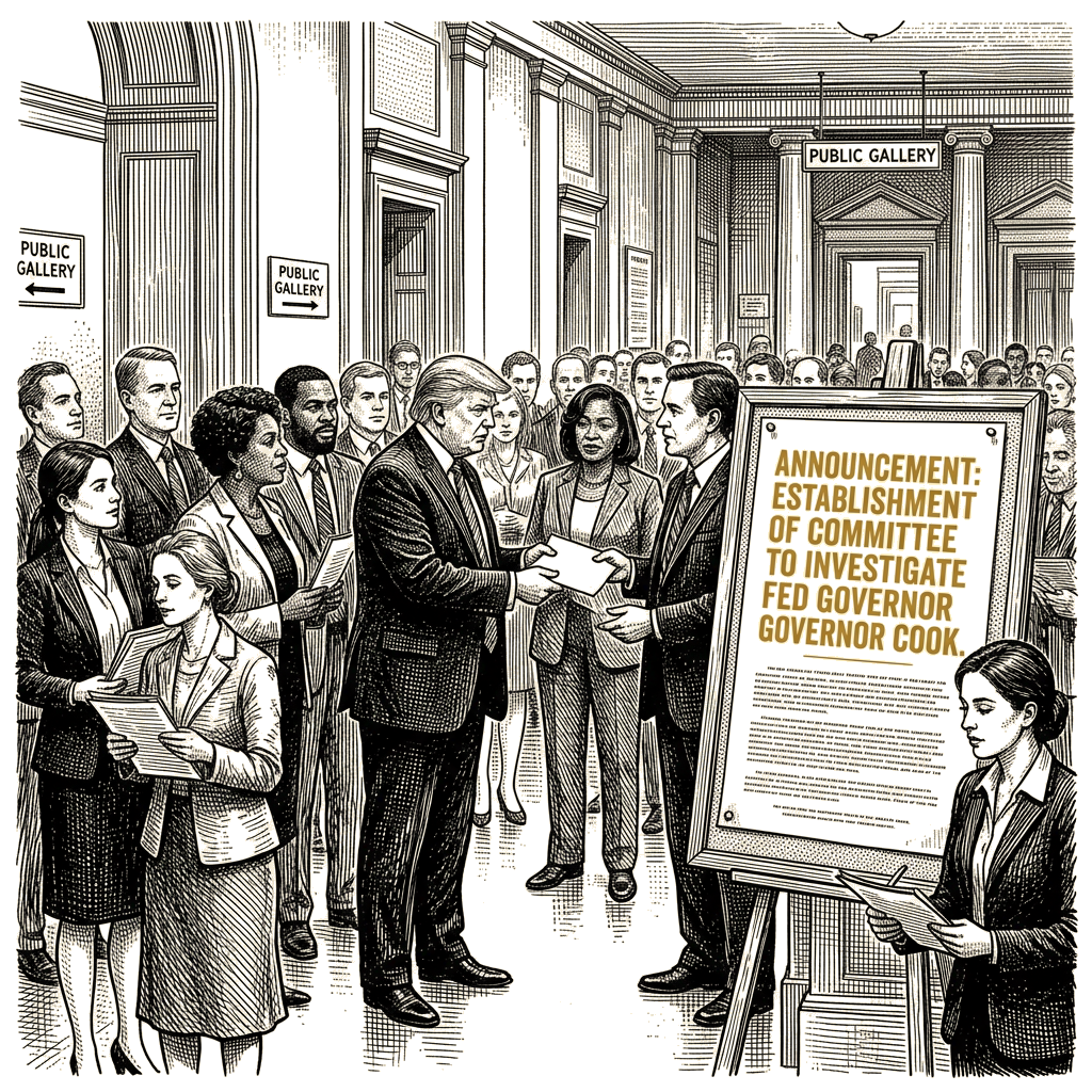 Illustration accompanying article: Trump forms committee to investigate Fed governor Cook
