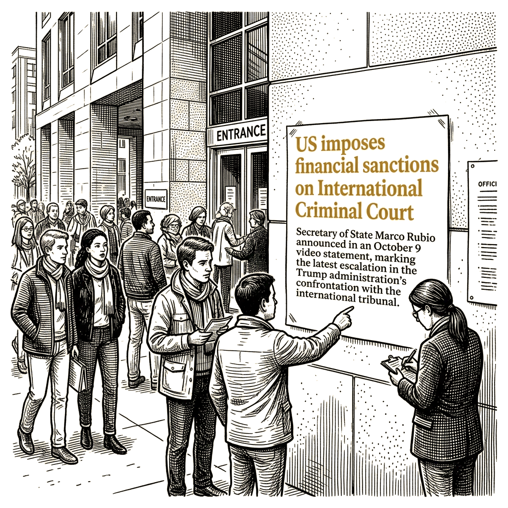 Illustration accompanying article: US imposes financial sanctions on International Criminal Court