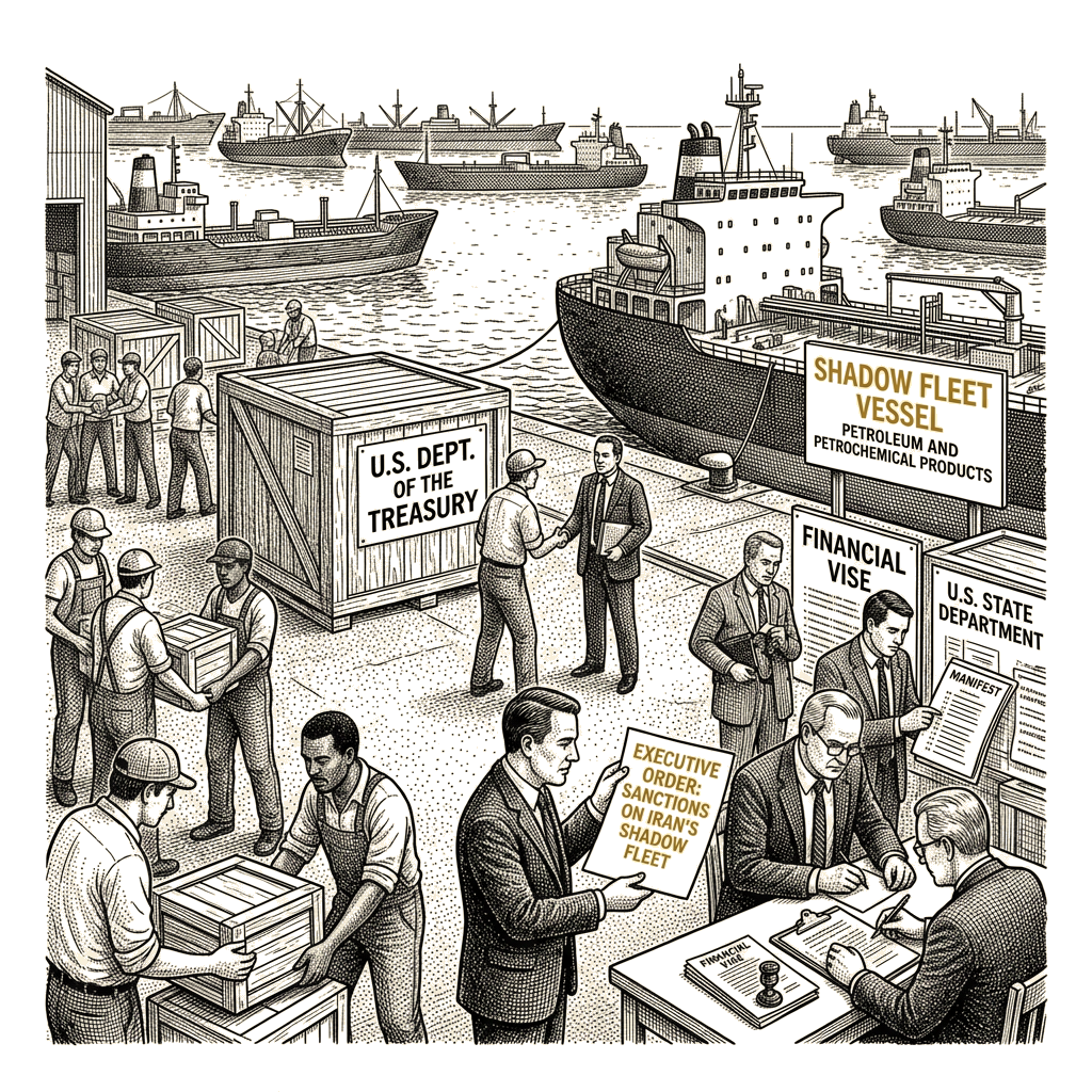 Illustration accompanying article: US sanctions Iran shadow fleet as war continues