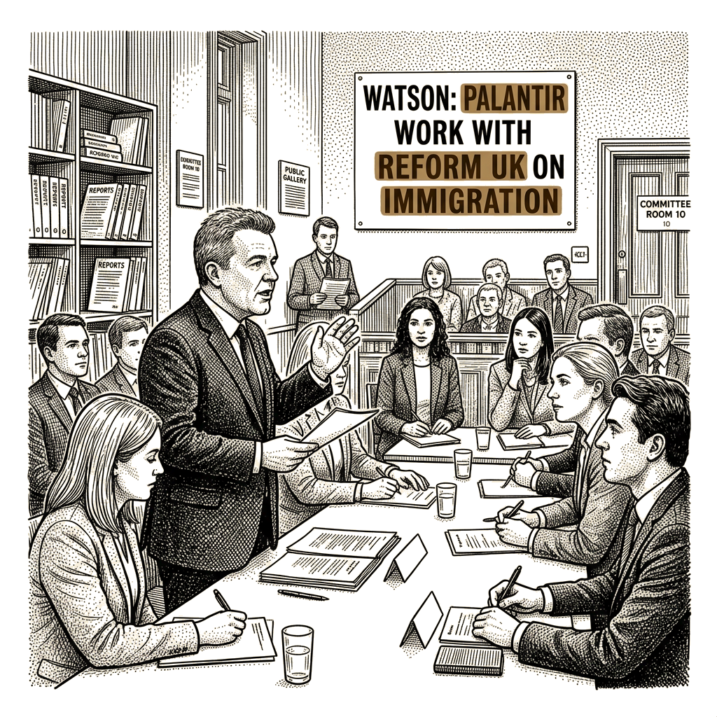 Illustration accompanying article: Watson says Palantir would work with Reform UK on immigration