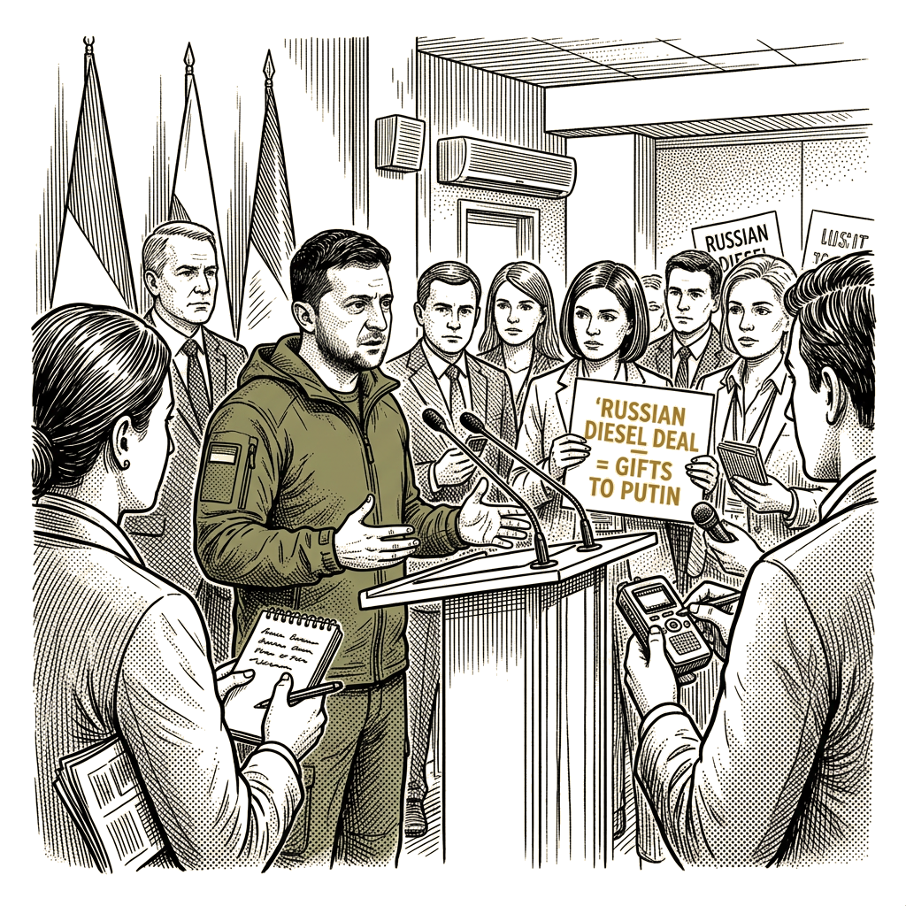 Illustration accompanying article: Zelensky calls U.S. Russian diesel deal a gift to Putin